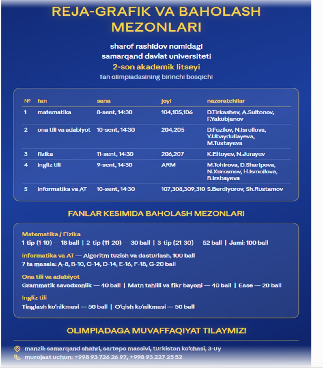 Samarqand davlat universiteti 2-son akademik litseyi olimpiadasi reja grafigi mezonlari.