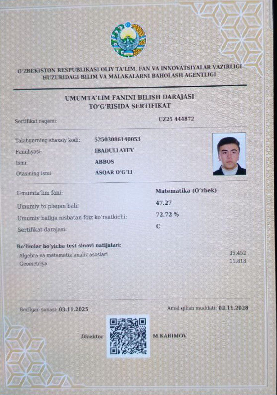 Usha gap TATU  Samarqand filiali AL ustoz va oʻquvchilari bilan birgalikda har qanday fan imtihonlaridan oʻtish muommo emas isboti yuqoridagi sertifikatlar😊