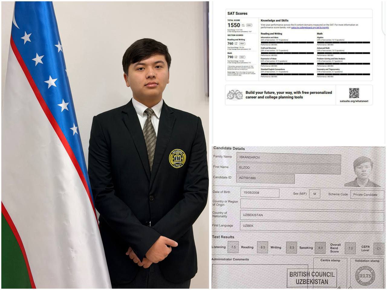 🇺🇿Muhammad al-Xorazmiy nomidagi Toshkent axborot texnologiyalari universiteti Samarqand filiali akademik litseyi 207-guruh oʻquvchisi Iskandarov Elzod Olimjon oʻgʻli 2025-yil sentyabr oyida SAT (AQSh…