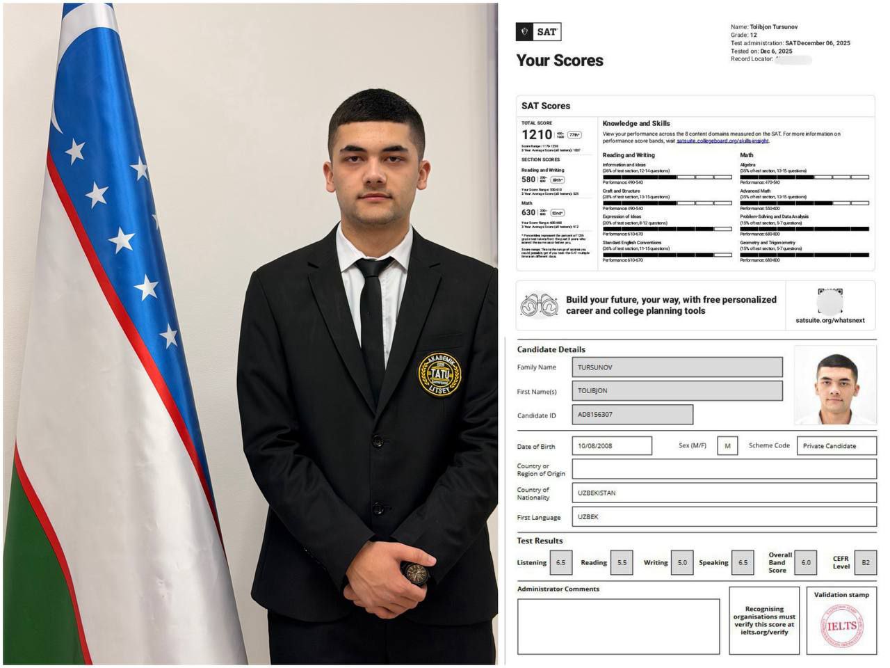 🇺🇿Muhammad al-Xorazmiy nomidagi Toshkent axborot texnologiyalari universiteti Samarqand filiali akademik litseyi 202-guruh oʻquvchisi Tursunov Tolibjon Sherzodovich 2025-yilning Dekabr oyida SAT (AQS…