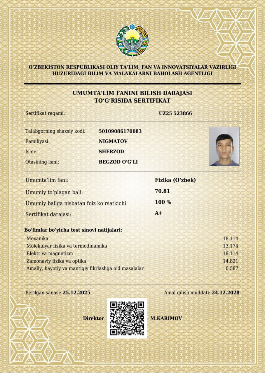 🇺🇿  Muhammad al-Xorazmiy nomidagi Toshkent axborot texnologiyalari universiteti Samarqand filiali akademik litseyini TEXNIK YOʻNALISHI oʻquvchisi