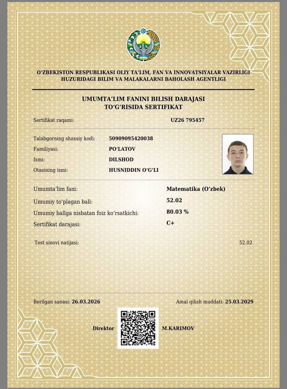 Joriy yilning 2026-yil 27-mart kuni Bilim va malakani baholash agentligi tomonidan