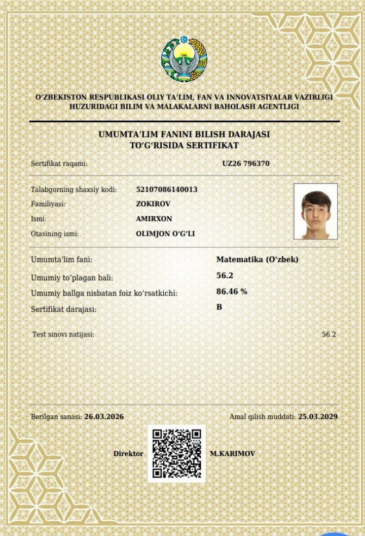 Joriy yilning 2026-yil 27-mart kuni Bilim va malakani baholash agentligi tomonidan