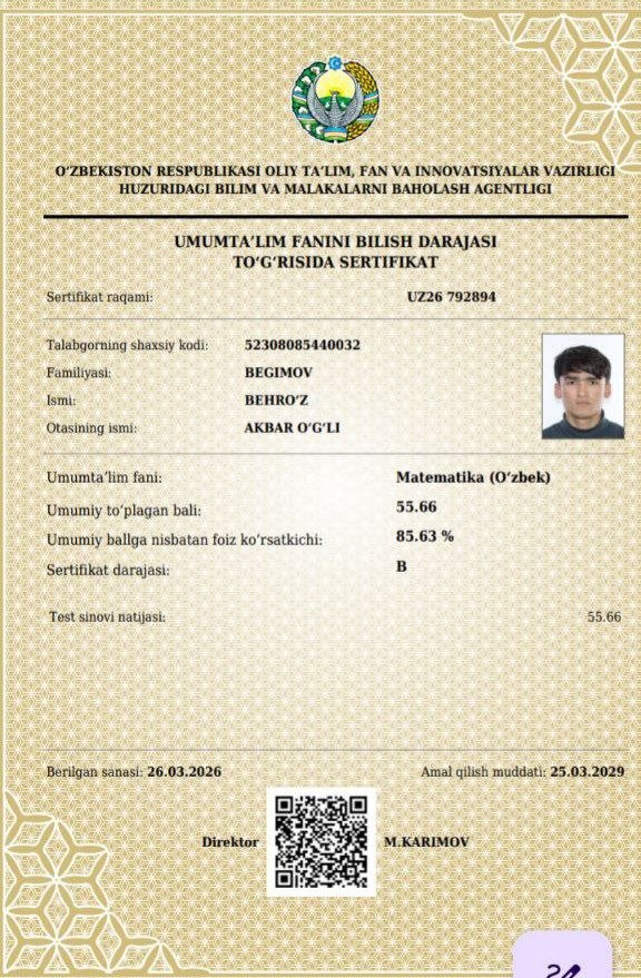 Joriy yilning 2026-yil 27-mart kuni Bilim va malakani baholash agentligi tomonidan