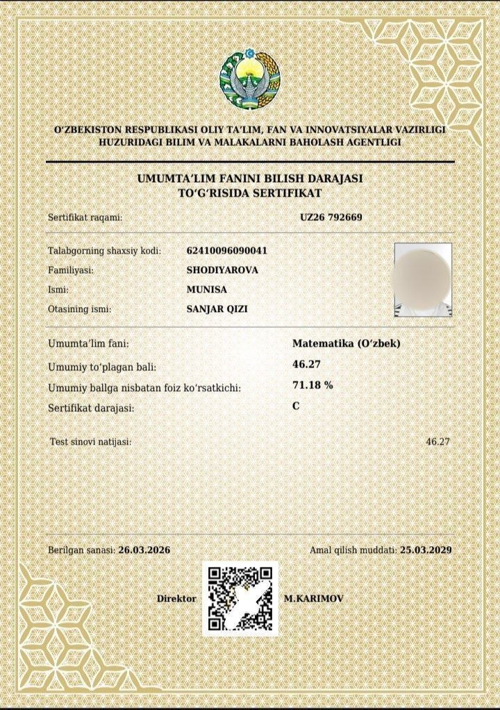 Joriy yilning 2026-yil 27-mart kuni Bilim va malakani baholash agentligi tomonidan