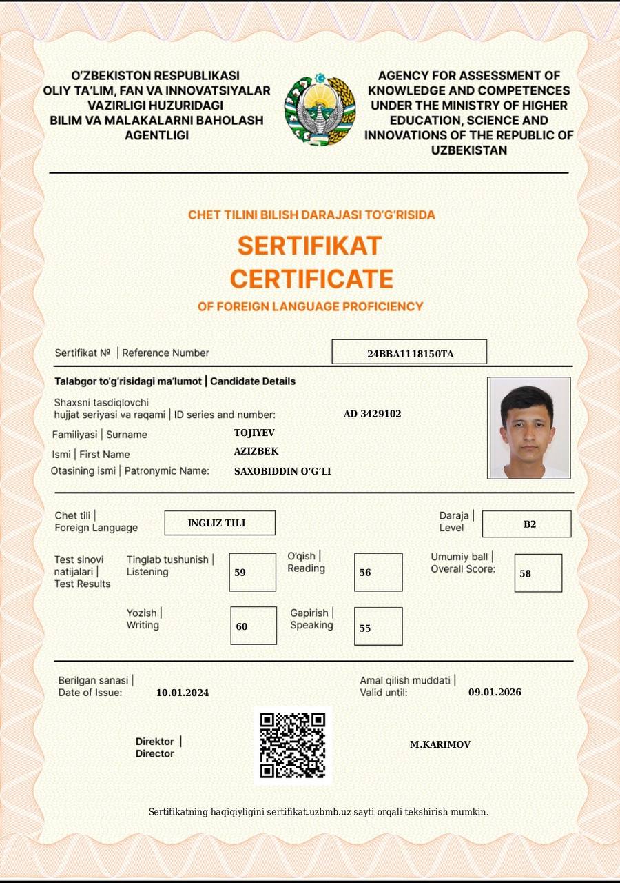 🇺🇿 Muhammad al-Xorazmiy nomidagi TATU Samarqand filiali akademik litseyi iqtisod yo’nalishi 206-guruh o’quvchisi Tojiyev Azizbek Ingliz tili fanidan milliy sertifikat (CEFR) va IELTS sertifikatlarini…